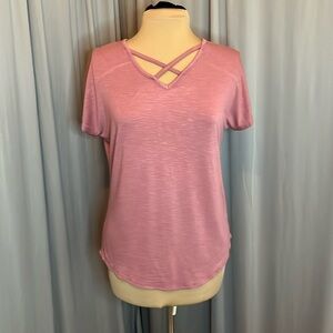 Pink Rose Cross V-Neck Pink Women's Short Sleeve Shirt